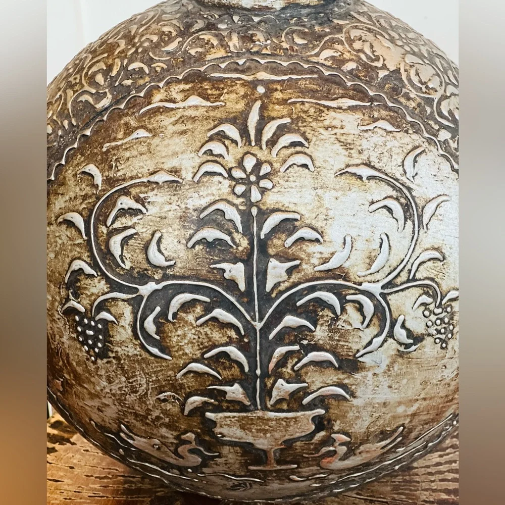 Antique metal relief pattern water vessel vase